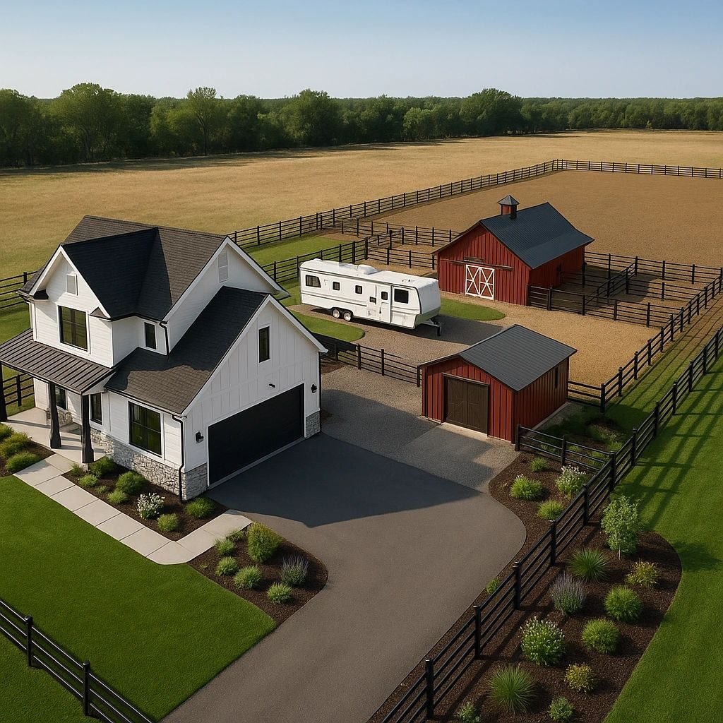 Rendering of a home on a horse lot with barn and corrals